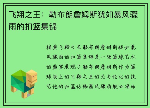 飞翔之王：勒布朗詹姆斯犹如暴风骤雨的扣篮集锦